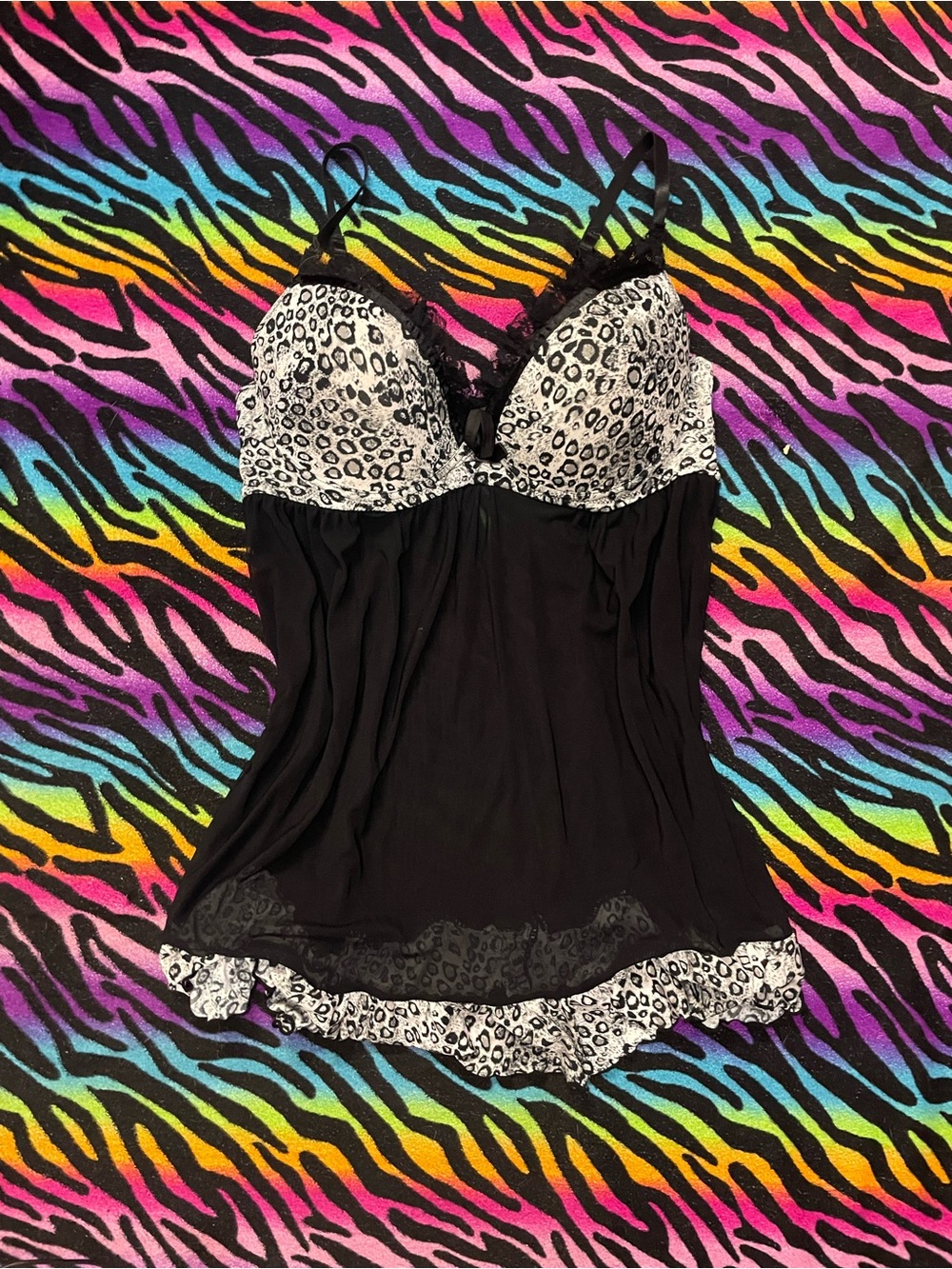 Y2k Black Chemise with White Leopard Trim
